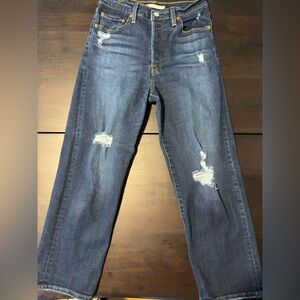 Levi's Ribcage Straight Ankle Jeans (Size 28, Color: Dark Indigo Destructed)